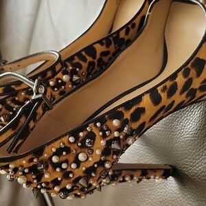 Leopard print ankle strap heels